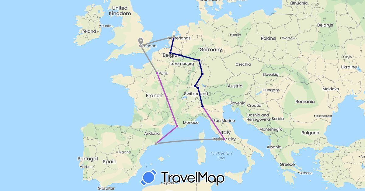 TravelMap itinerary: driving, plane, train in Belgium, Switzerland, Germany, Spain, France, United Kingdom, Italy, Netherlands (Europe)
